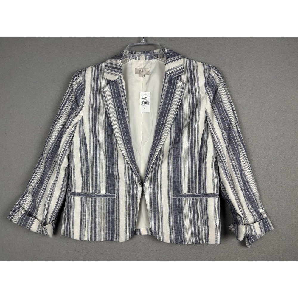 LOFT Outlet Blazer Womens 4 Blue Stripe Linen Blend Lined Suit Jacket NWT